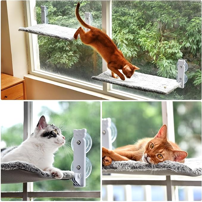 Cat Window Perch Cordless Cat Hammock with 4 Strong Suction Cups Foldable Cat Bed for Indoor Solid Metal Frame and Soft Reversible Two Fabrics Cover Hold Up to 40lbs Large