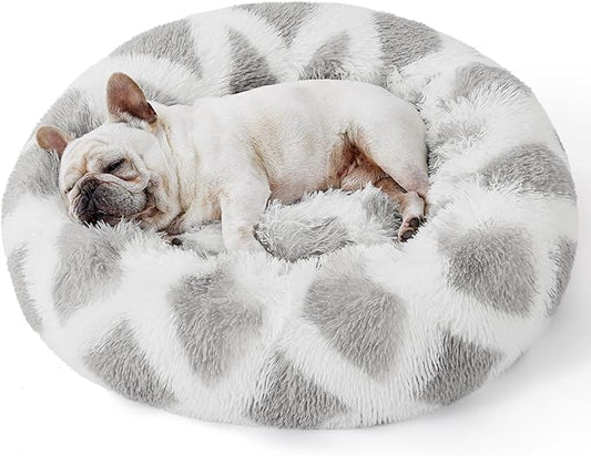 Bedsure Calming Dog Bed for Small Dogs - Donut Washable Small Pet Bed, 23 inches Anti-Slip Round Fluffy Plush Faux Fur Large Cat Bed, Fits up to 25 lbs Pets, Diamond Grey