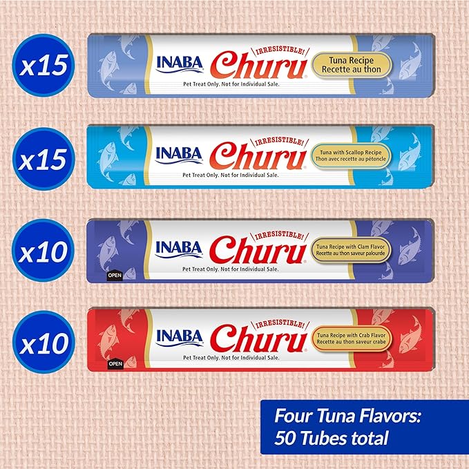 INABA Churu Cat Treats, Lickable, Squeezable Creamy Purée Cat Treat with Green Tea Extract & Taurine, 0.5 Ounces Each Tube, 50 Tubes, Tuna & Seafood Variety