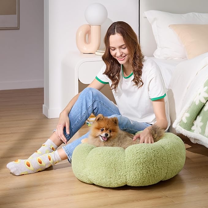 Lesure Calming Small Dog Bed - Flower Donut Round Fluffy Puppy Bed in Plush Teddy Sherpa, Non-Slip Cute Flower Cat Beds for Indoor Cats, Small Pet Bed Fits up to 25 lbs, Machine Washable, Green 23"