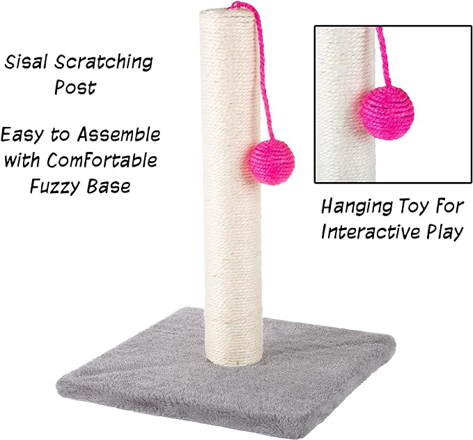 17-Inch Cat Scratching Post - Sisal Rope and Carpet Scratching Pole with Bright Pink Hanging Ball Toy for Adult Cats and Kittens by PETMAKER (Gray)