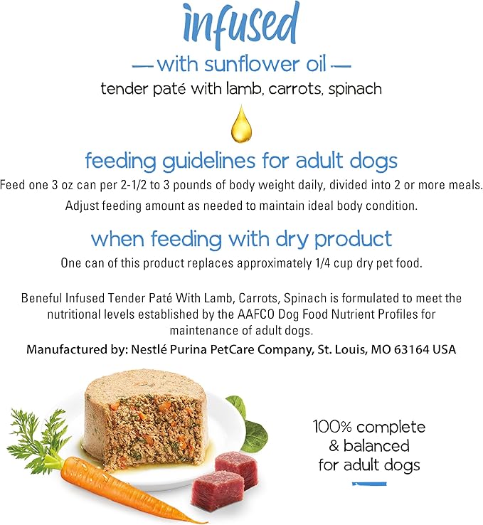 Beneful Purina Infused Wet Dog Food Pate with Real Lamb, Carrots and Spinach, with Sunflower Oil - (8 Packs of 3) 3 oz. Sleeves