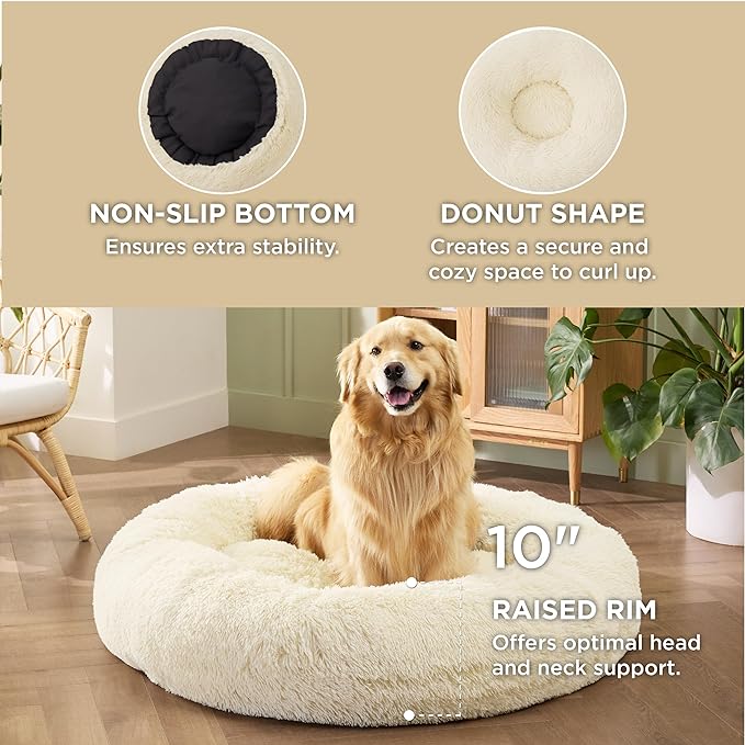 Bedsure Calming Dog Bed for Extra Large Dogs - Donut Washable Large Pet Bed, Anti-Slip Round Fluffy Plush Faux Fur Dog Bed, Fits up to 125 lbs Pets, Oat Milk, 45 inches