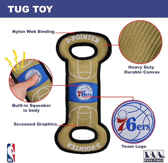 Pets First NBA PHILADELPHIA 76ERS Field Toy. - Tough Nylon Pet Toy with Double trim stitching & inner Squeaker, One Size, 76R-3030
