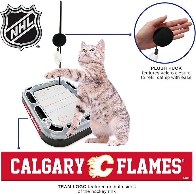 Pets First Cat Scratching Toy NHL Calgary Flames Hockey Field Cat Scratcher Tiy with Interactive Cat Ball Bell in Tracks. 5-in-1 CAT Toy