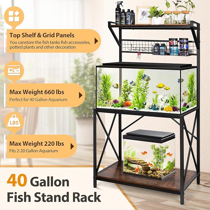 40 Gallon Fish Tank Stand, Vertical Three Tier Metal Aquarium Stand with Grid Wall Panel for Fish Tank Accessories Storage, Fits Aquarium, Turtle Tank, or Reptile Terrariums (Without Basket & Hooks)