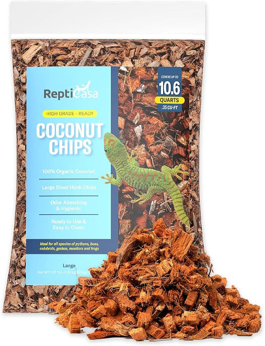 Organic Coconut Chips Substrate Clean & Ready to Use for Reptiles, Snake, Tortoise, and Amphibian, Natural Fiber Free Husks, Clean Breeding and Bedding Flooring, Odor Absorbing - 10.6 Quarts