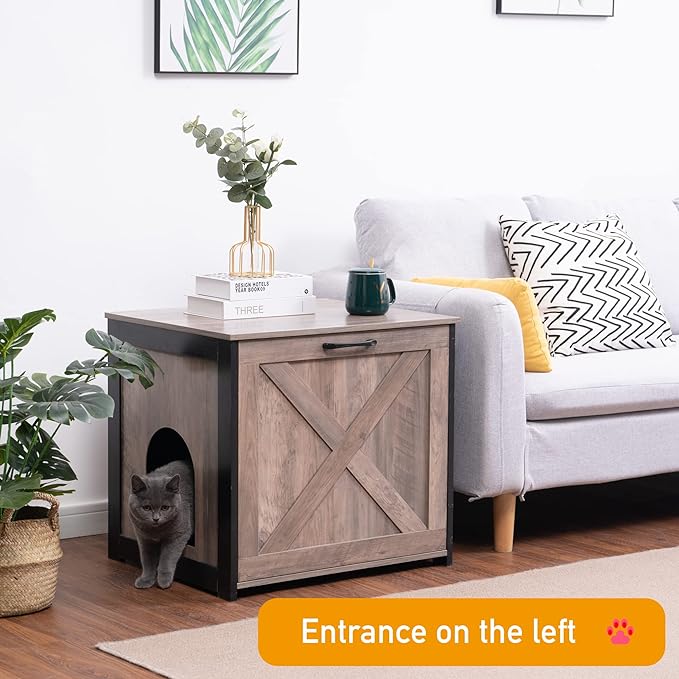 DWANTON Cat Litter Box Furniture Hidden, Cat Litter Box Enclosure, Reversible Entrance Can Be on Left or Right Side, Indoor Cat Box Cabinet, Wooden Cat Washroom, End Table, Nightstand