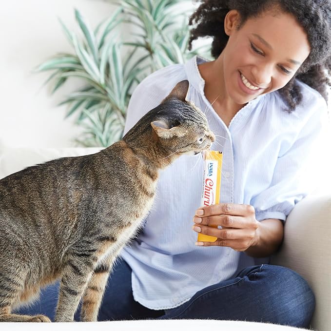 INABA Churu Cat Treats, Grain-Free, Lickable, Squeezable Creamy Purée Cat Treat/Topper with Vitamin E & Taurine, 0.5 Ounces Each Tube, 24 Tubes (4 per Pack), Tuna with Cheese Recipe