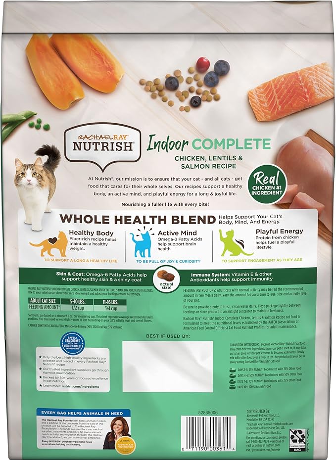 Rachael Ray Nutrish Indoor Complete Premium Natural Dry Cat Food with Added Vitamins, Minerals & Other Nutrients, Chicken with Lentils & Salmon Recipe, 6 Pounds (Packaging May Vary)