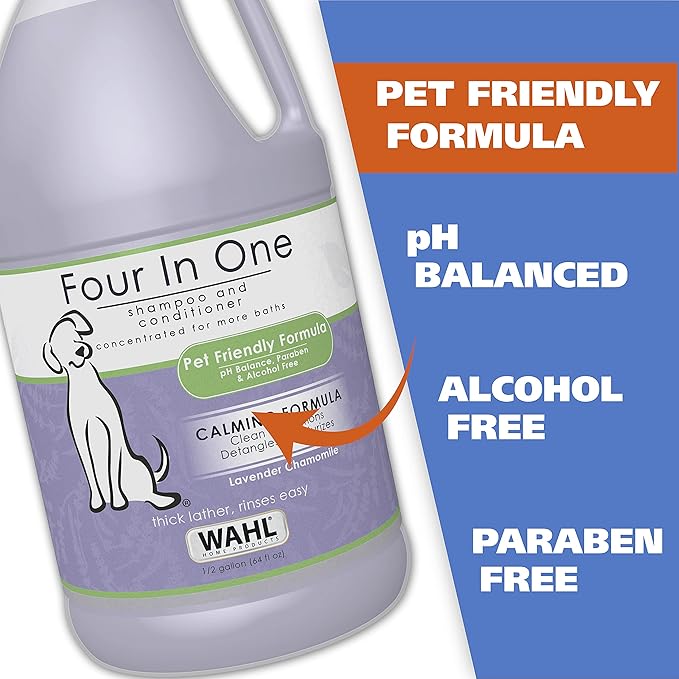 Wahl USA 4-in-1 Calming Pet Shampoo for Dogs – Cleans, Conditions, Detangles, & Moisturizes with Lavender Chamomile - Pet Friendly Formula – 64 Oz - Model 821000-050