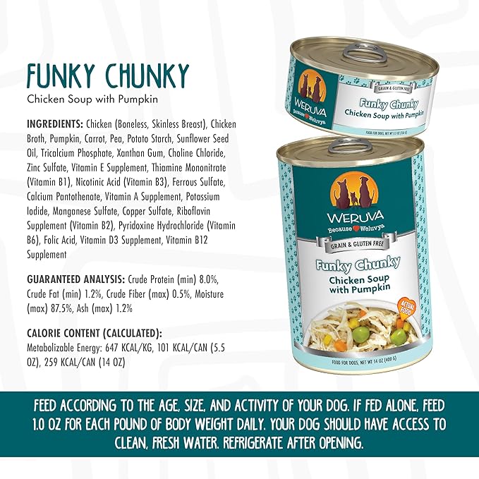 Weruva Classic Dog Food, Funky Chunky Chicken Soup with Chicken Breast & Pumpkin in Gravy, 14oz Can (Pack of 12)