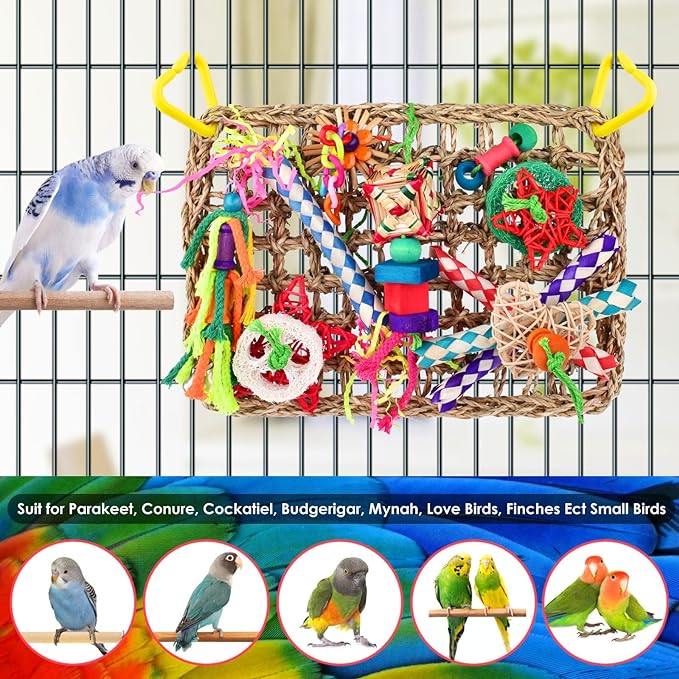 KATUMO Bird Toys, Large-Sized Parrot Foraging Wall Grass Mat Conure Chewing Hanging Toys Cockatiel Climb Hammock Parakeet Toys for Small-Medium Birds