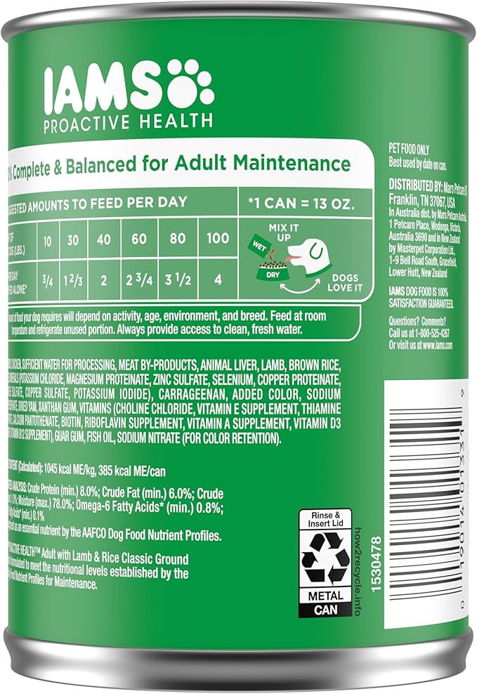 IAMS PROACTIVE HEALTH Adult Wet Dog Food Classic Ground with Lamb and Whole Grain Rice, of 13 oz.(Pack of 12)