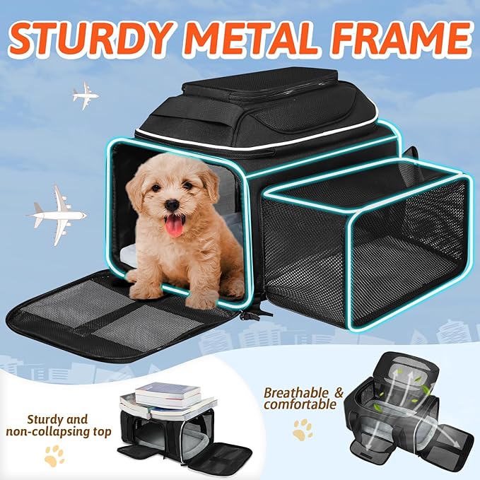 Top and Side Expandable Pet Carrier 17x12x8.5 Inches JetBlue Frontier Spirit Airline Approved, Soft-Sided Carrier for Small Cats and Dogs with Locking Safety Zipper and Anti-Scratch Mesh(Black)