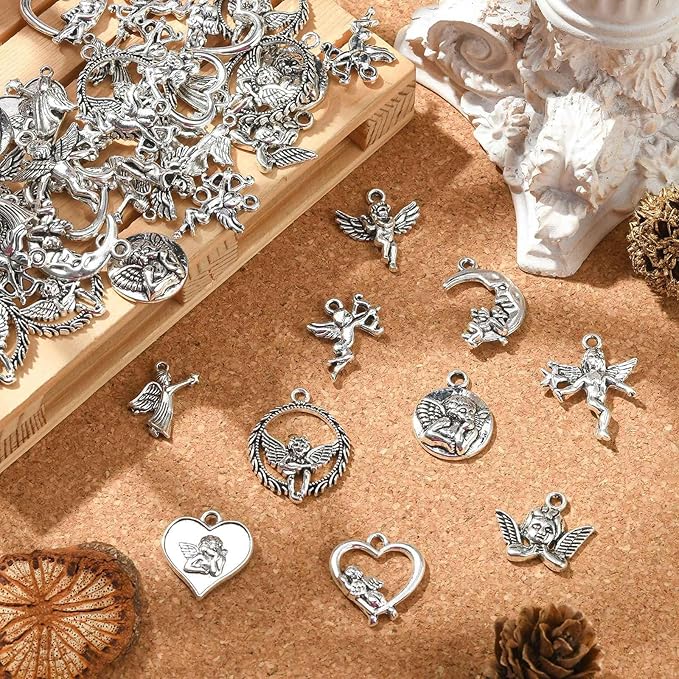 Stiesy 100 Pcs Tibetan Style Alloy Angel Charm Vintage Love Heart Cupid Charms for DIY Necklace Bracelet Jewelry Making Accessories