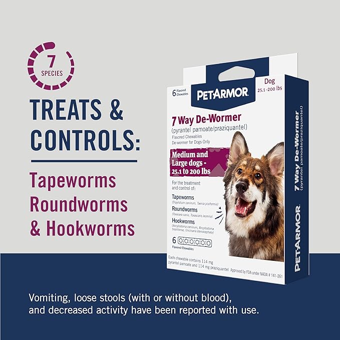 PetArmor 7 Way De-Wormer for Dogs, Oral Treatment for Tapeworm, Roundworm & Hookworm in Large Dogs & Puppies (Over 25 lbs), Worm Remover (Praziquantel & Pyrantel Pamoate), 6 Flavored Chewables