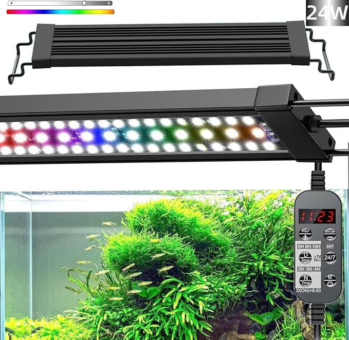 LED Aquarium Light, 24/7 Full Spectrum Dimmable Submersible Light 24-30 inch 24W for 20/25/30 Gallon Fish Tank, Day+Night Mode DIY Timer Auto On Off, HD Brightness 8 Colors RGB Mode