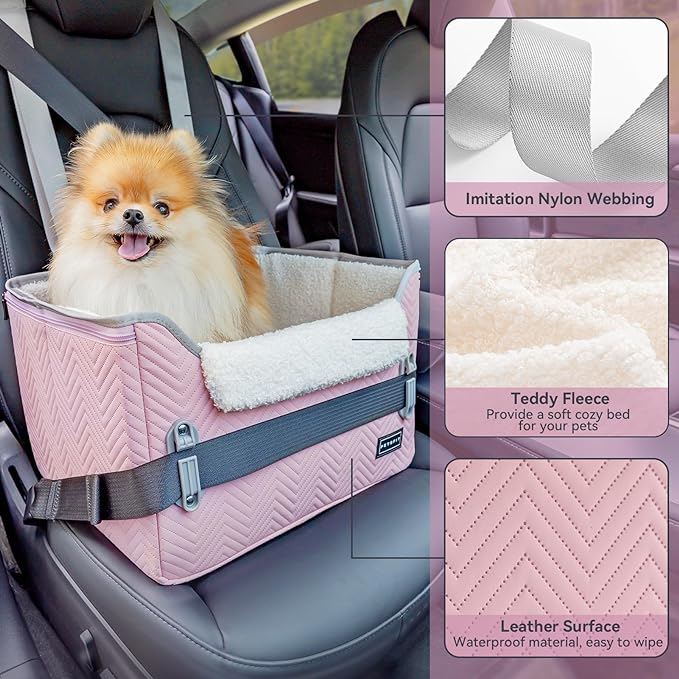 PETSFIT Dog Car Seats for Small Dogs, Portable Puppy Car Saet for Car with Clip-On Leash, Adjustable Straps Suitable for Small Pets Up to 25lbs (Light Pink)