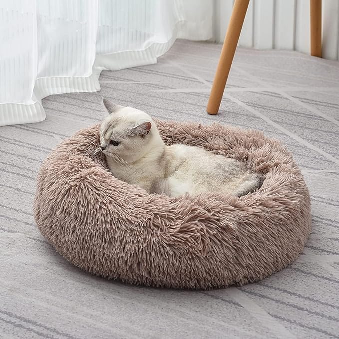 Cat Beds for Indoor Cats - Cat Bed Washable 20/24 inches, Dog Beds for Small Medium Dogs, Anti Anxiety Round Fluffy Plush Faux Fur Cat Bed,Thick Bottom Keep Pets Off The Cold Tile