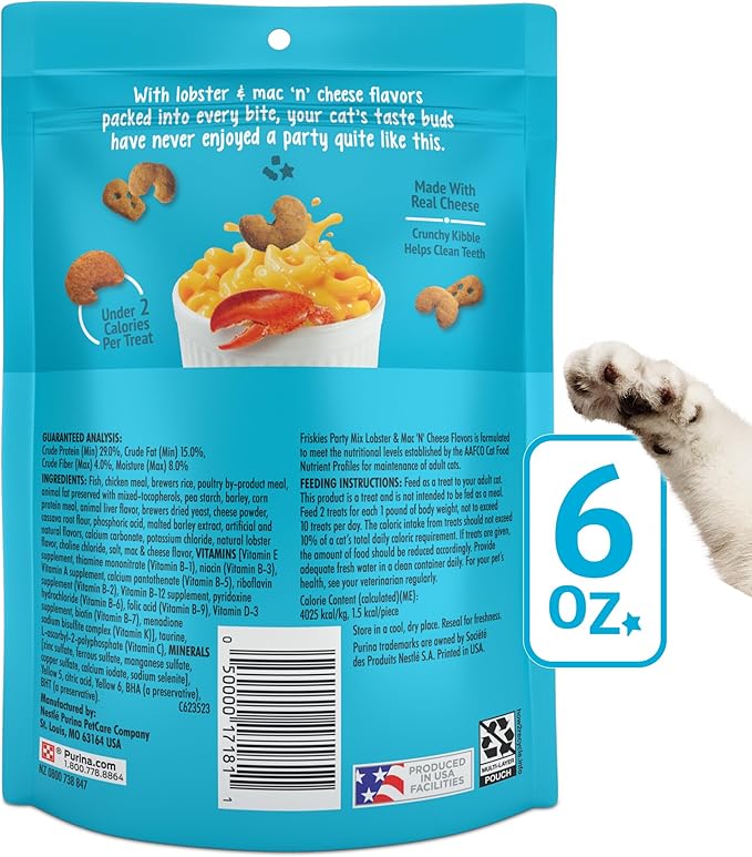 Purina Friskies Cat Treats, Party Mix Lobster & Mac 'N' Cheese Flavors - (Pack of 6) 6 oz. Pouches