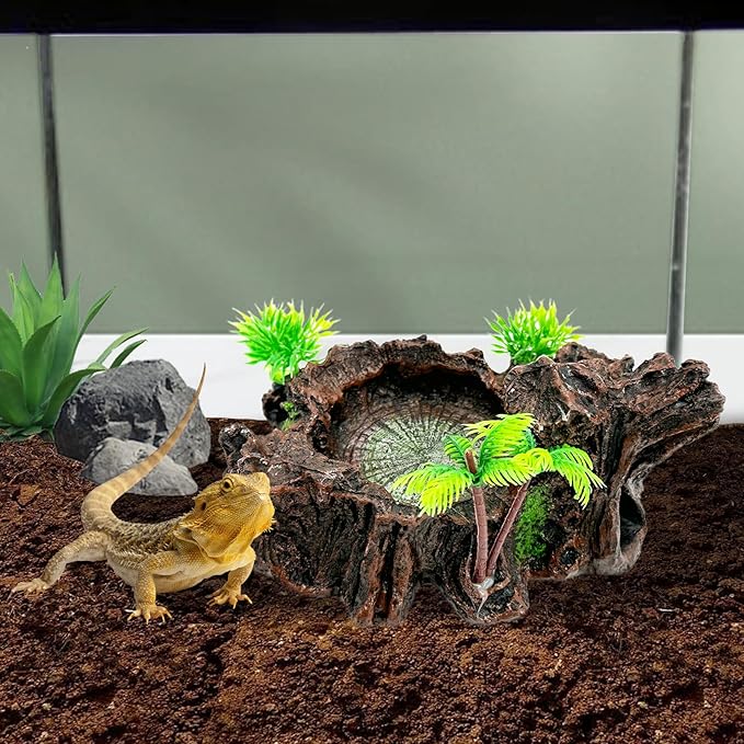PINVNBY Resin Reptile Platform, Bearded Dragon Water Dish, Artificial Tree Trunk Reptile Feeder Food Water Dish Bowl for Bearded Dragon, Lizard, Gecko, Water Frog, Snake (Smooth)