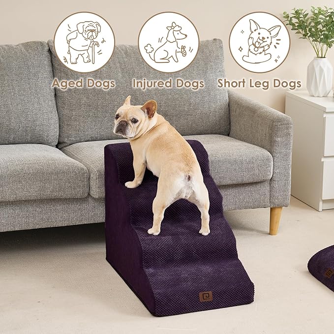 EHEYCIGA Curved Dog Stairs for High Beds 19.7" H, 4-Step Dog Steps for Small Dogs and Cats, Pet Stairs for High Bed Climbing, Non-Slip Balanced Pet Step Indoor, Purple