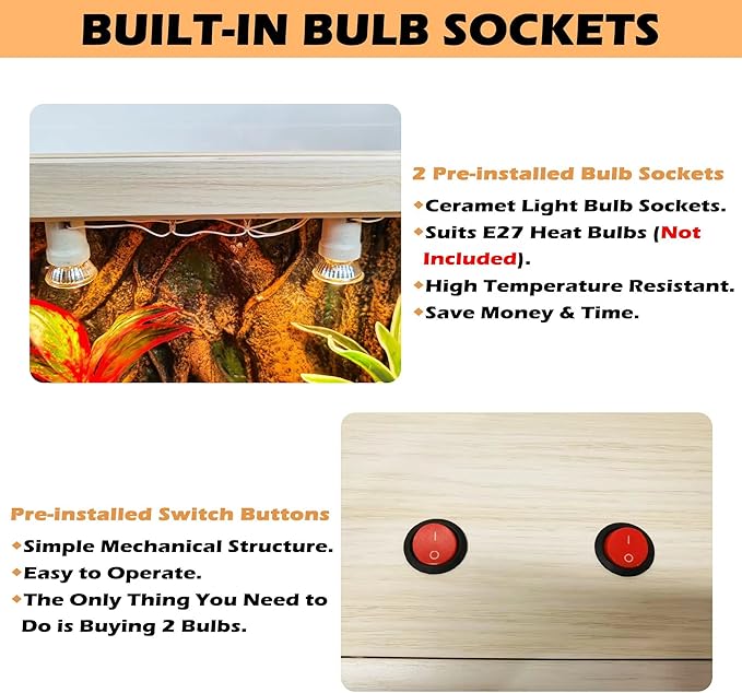 Reptile Terrarium, Lizard Tank Up to 68 Gallons, Bearded Dragon Tank with Roof Door, Snake Tank with Built-in Lamp Fixture and Switch (21 Gallon, 24" Long, Openable Wood Roof)