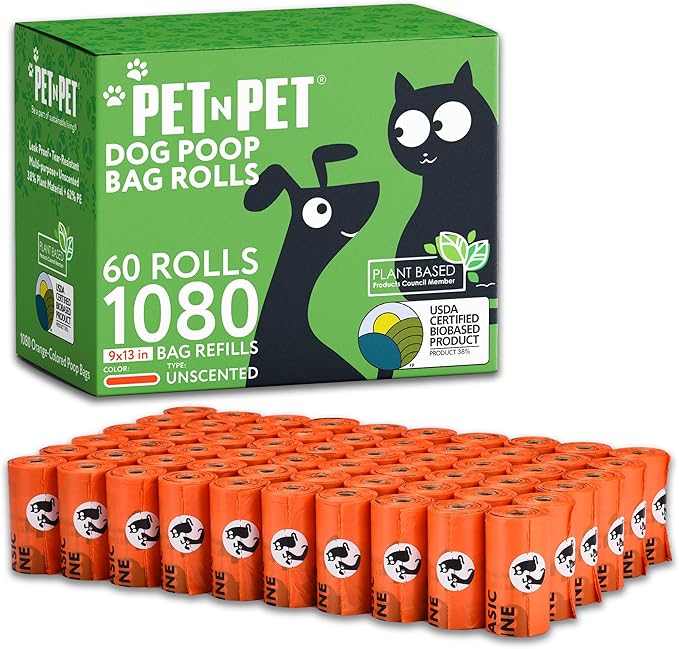 Pet N Pet 1080 Counts Orange Poop Bags for Dogs, 38% Plant Based & 62% PE Extra Thick Dog Poop Bags Rolls, 9" x 13" Unscented Dog Bags for Poop, Doggy Poop Bags, Cat Poop Bags, Dog Waste Bags