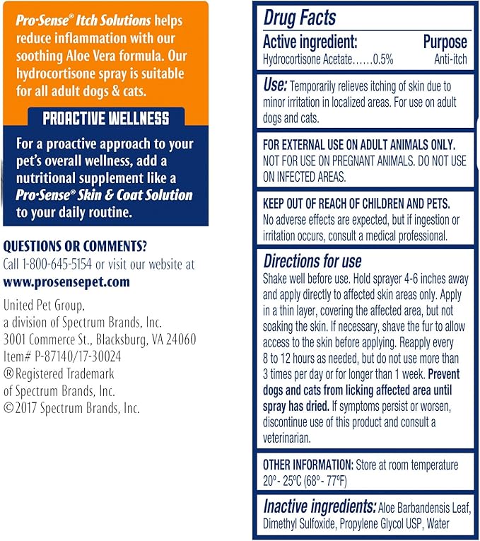 PRO·SENSE ProSense Itch Solutions Hydrocortisone Spray 4 Ounces, for Dogs and Cats (Pack of 2)