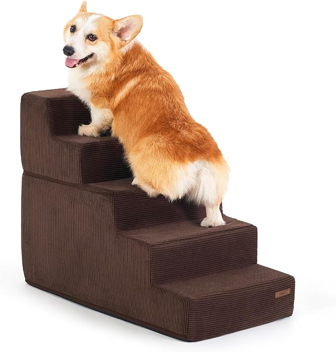 Lesure Dog Stairs for Small Dogs - Pet Stairs for High Beds and Couch, Folding Pet Steps with CertiPUR-US Certified Foam for Cat and Doggy, Non-Slip Bottom Dog Steps, Brown, 5 Steps