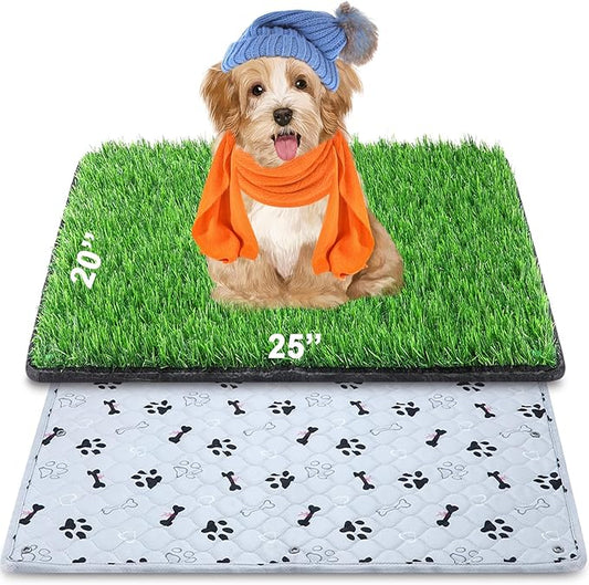 Dog Grass Mat with Pee Pad 20×25", Small Dog Litter Box Indoor Artificial Turf Grass Porch Waterproof Patio Potty Tray for Doggie Reusable Washable Pads and Lawn for Replacement for Puppy Training