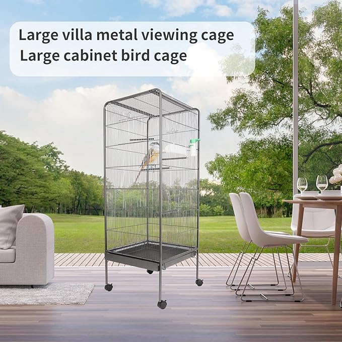 Steel Bird Cage with Rolling Stand, Plastic Feeder, PP Slide-Out Tray Large Flight Cage for Parrots, Parakeets, Cockatiels, Pigeons and Lovebirds Big Bird Cage Antique Gray As Shown