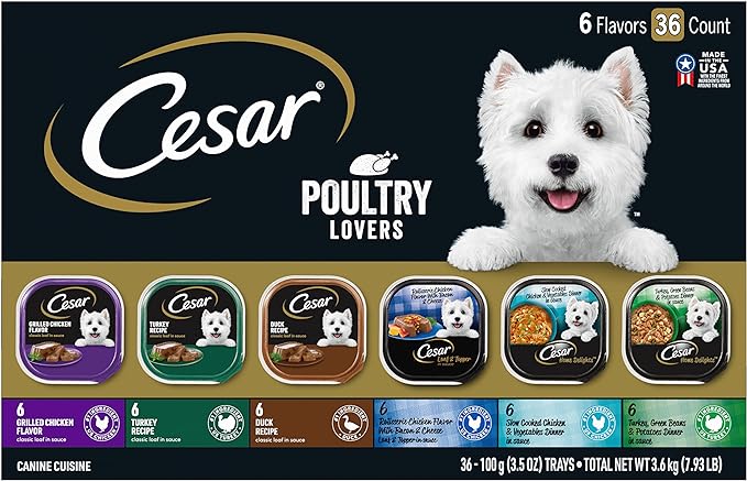 CESAR Adult Wet Dog Food Classic Loaf in Sauce Poultry Lovers Variety Pack, 3.5 oz. Easy Peel Trays with Real Chicken, Turkey or Duck, Pack of 36