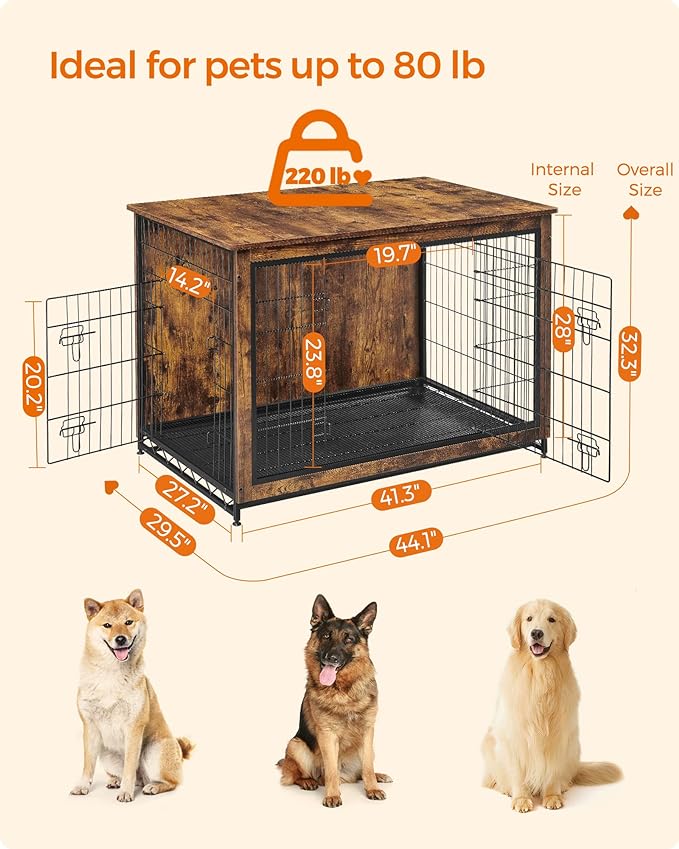 Feandrea Dog Crate Furniture, Side End Table, Modern Kennel for Dogs Indoor up to 80 lb, Heavy-Duty Dog Cage with Multi-Purpose Removable Tray, Double-Door Dog House, Rustic Brown UPFC004X01