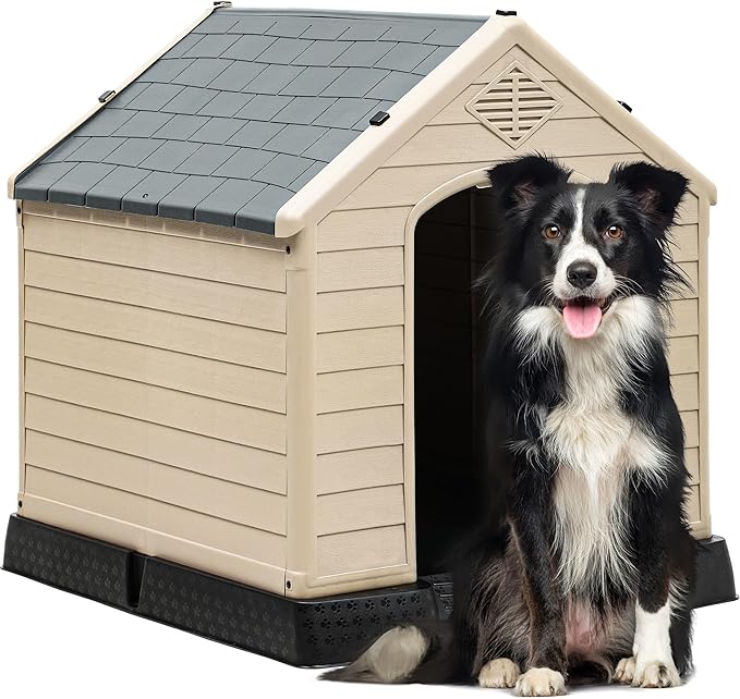 YITAHOME 34.5'' Large Plastic Dog House Outdoor Indoor Doghouse Puppy Shelter Water Resistant Easy Assembly Sturdy Dog Kennel with Air Vents and Elevated Floor (34.5''L*31''W*32''H, Gray+Brown)