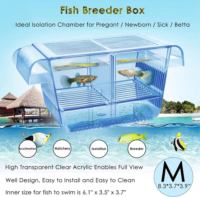 capetsma Fish Breeder Box, Hang-on Nursery Fish Tank with Breeding Hatching Incubator Acclimation Box, Perfect Fish Tank Divider for Aggressive Injured Pregnant Fish Small Fish Brine Shrimp Clownfish