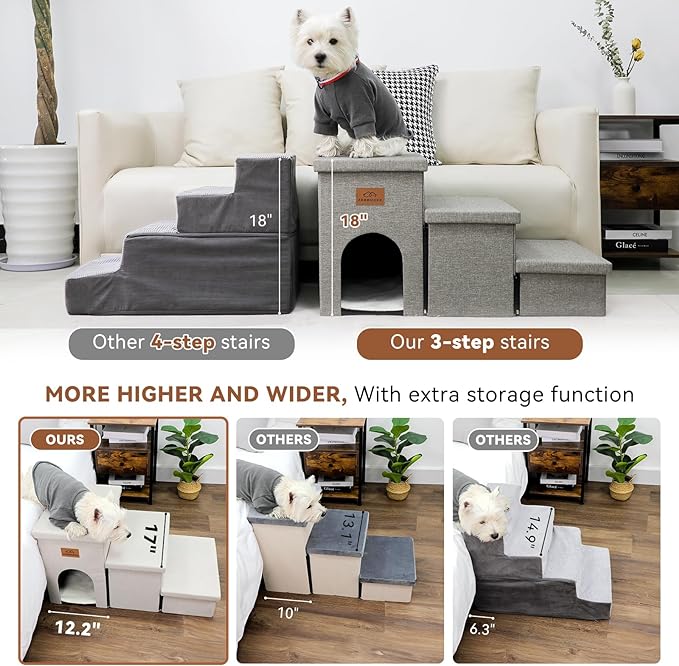 Dog Stairs, Dog Steps for High Beds 17.5"H, Folding Pet Stairs for Small Medium or Large Dogs Puppy with Storage for Bed and Couch, Dog Ramp for Car Hold Up to 200 lbs (Smok Grey, 3 Steps with Condo)