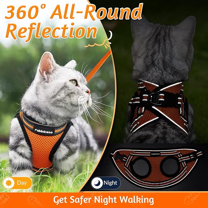 rabbitgoo Cat Harness and Leash Set for Walking Escape Proof, Adjustable Soft Kittens Vest with Reflective Strip for Cats, Comfortable Outdoor Vest,Light Orange,M