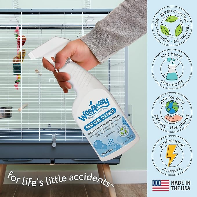 Bird Cage Cleaner and Bird Poop Remover, Made in USA, Natural Pet Enzyme Cleaner for Car, Cage, Birdbath (16oz)