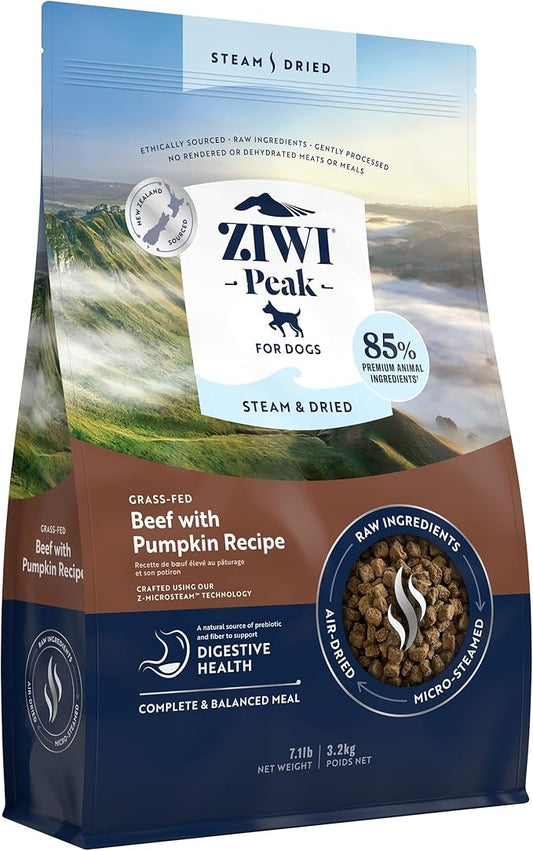 ZIWI Peak Steam & Dried Dog Food – Grass-fed Beef & Pumpkin Recipe - High Protein, Digestive Health, Low Carb, for All Breeds and Lifestages (7.1lb)