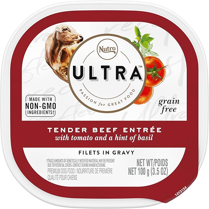 NUTRO ULTRA Grain Free Adult Wet Dog Food Filets in Gravy Tender Beef Entrée With Tomato and a Hint of Basil, 3.5 oz. Trays, Pack of 24