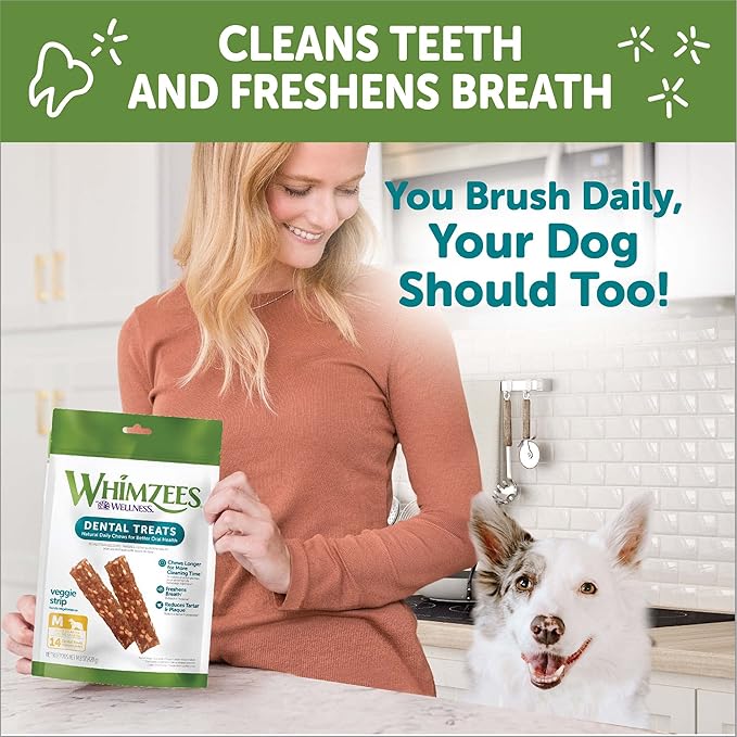 WHIMZEES by Wellness Veggie Strip Natural Dental Chews for Dogs, Long Lasting Treats, Grain-Free, Freshens Breath, Medium Breed, 14 count