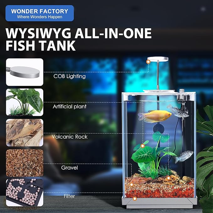 3 Gallon Aquarium Fish Tank AIO Starter Kit, including HD Float Glass Small Aquarium, Self-Cleaning Bottom Filter, Light, Substrate, Plants, Cleaning Tool Set. Beginner's Gift for Betta, Guppy, Shrimp