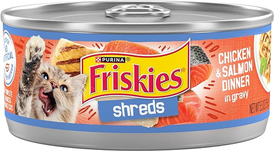 Purina Friskies Gravy Wet Cat Food, Shreds Chicken & Salmon Dinner in Gravy - (Pack of 24) 5.5 oz. Cans