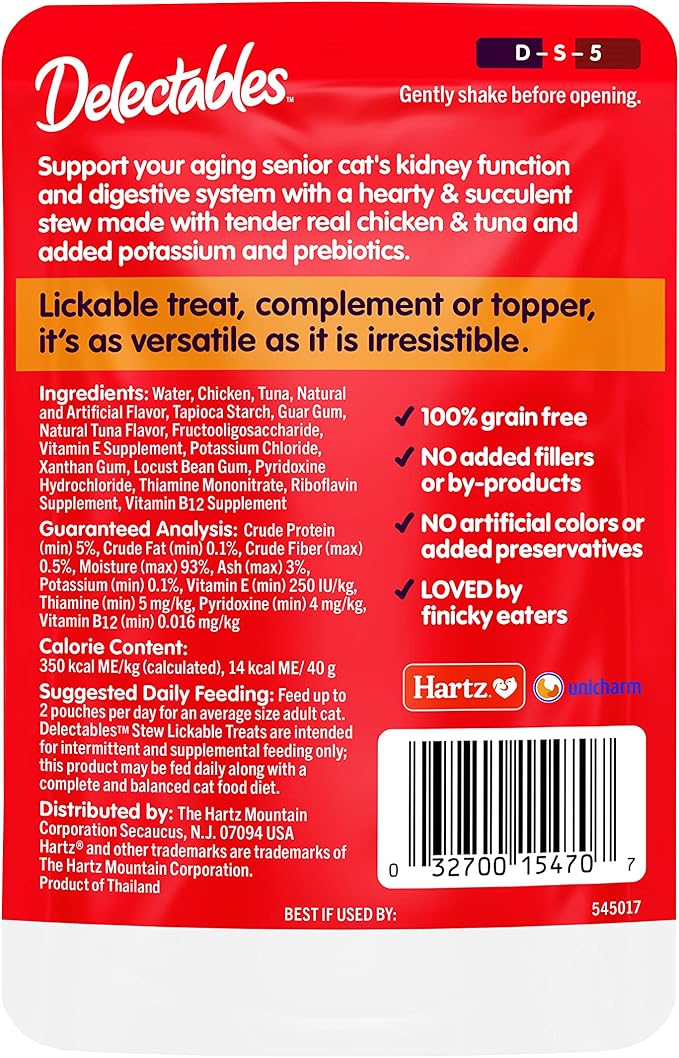 "Hartz Delectables Stew Senior Lickable Wet Cat Treats, Chicken & Tuna 1.4 Ounce (Pack of 12)"