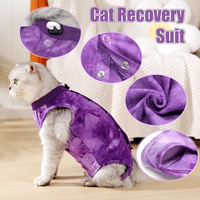 Cat Recovery Suit for Male and Female Surgical Post Surgery Soft Cone Onesie Tie Dye Cats Shirt Clothes Neuter Licking Protective Diapers Outfit Cover Kitten Spay Collar Alternative(Purple, L)