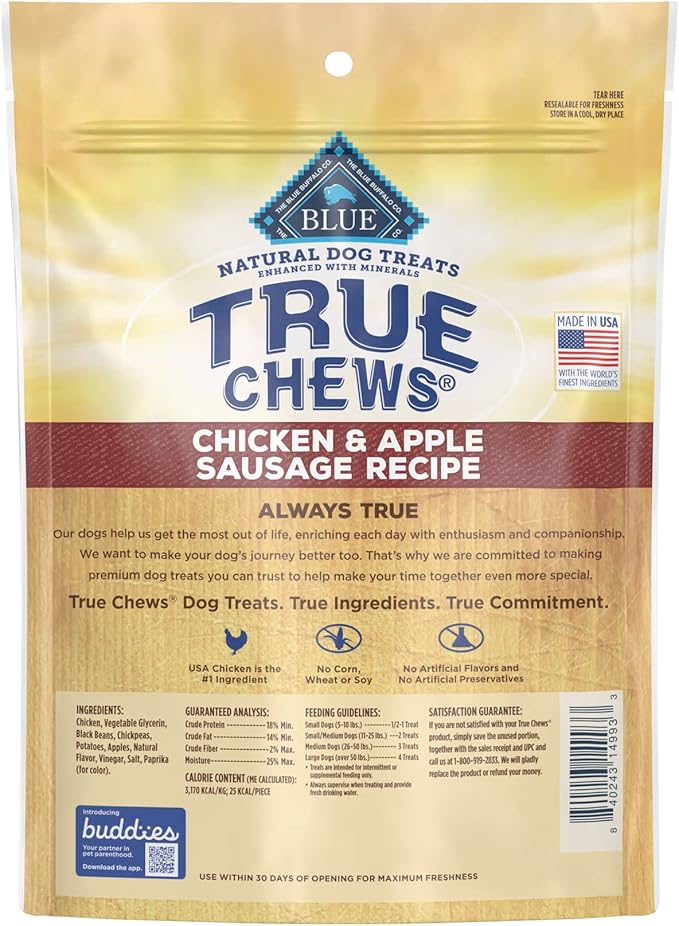 Blue Buffalo True Chews Premium Natural Dog Treats, Chicken and Apple Sausage 12 oz bag