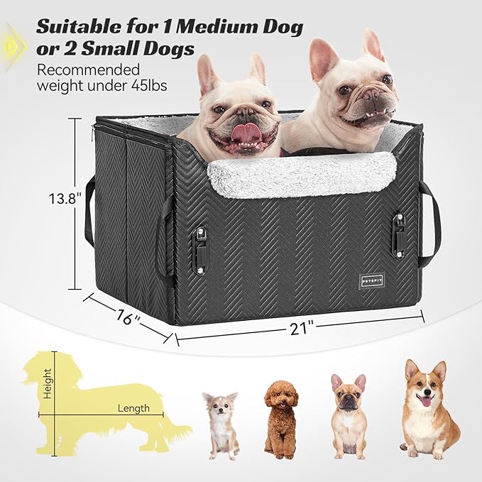 PETSFIT Dog Car Seat Medium Sized Dog, Waterproof PU Leather Dog Seat for Car with Patent Safe Buckles, 2 Clip-On Safety Leashes, Suitable for 2 Small Dogs or a Medium Dog (Medium, Black)