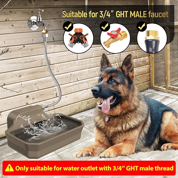 135OZ Automatic Water Dispenser for Large Dogs Patented Fit 3/4in GHT Male Faucet, Outdoor Animal Water Bowl Include Water Valve, 5ft Water Hose, Copper Connector, Large Drinking Area, Brown